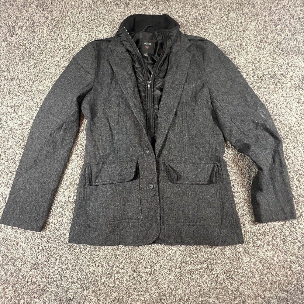 Guess Womens Size Small Black Blazer Puffer Jacket Winter Bubble Full Zip Button